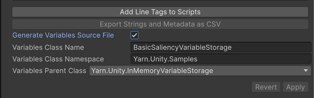A generated variable storage settings