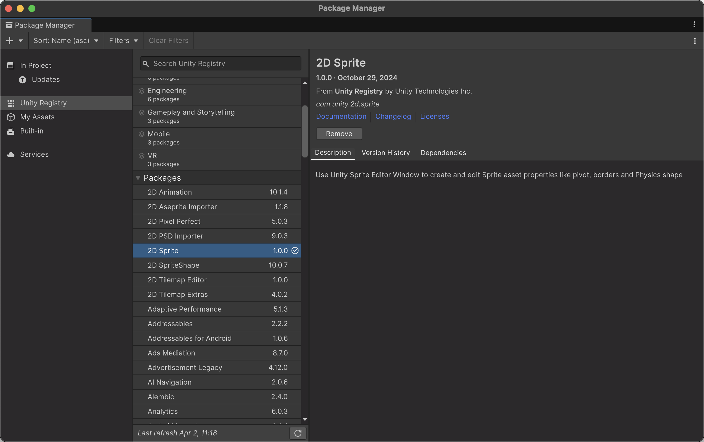 The package manager showing off the now installed 2D Sprite package