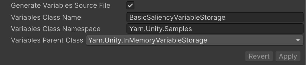 Generated variable storage section of the project inspector