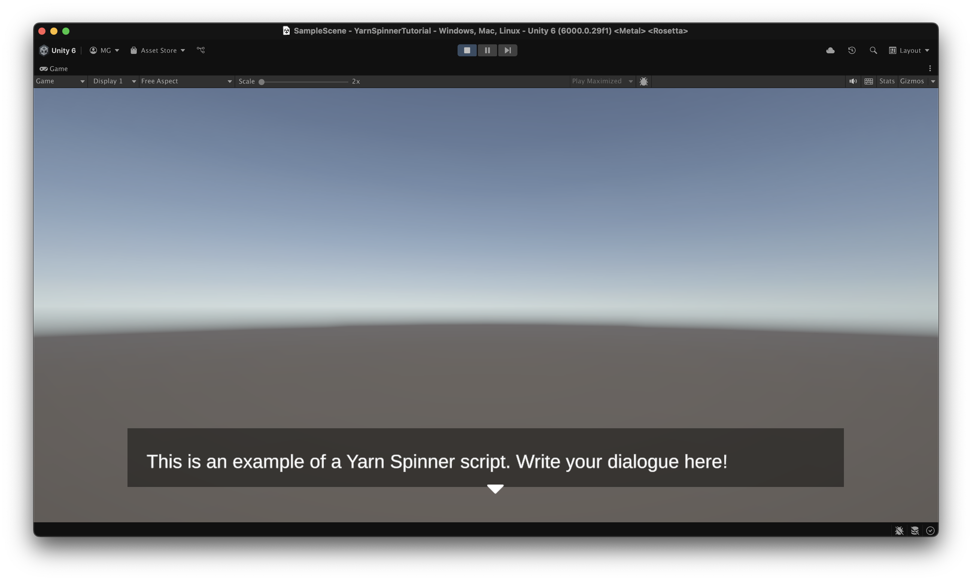 The placeholder line from the Yarn Script has been displayed in the otherwise empty game