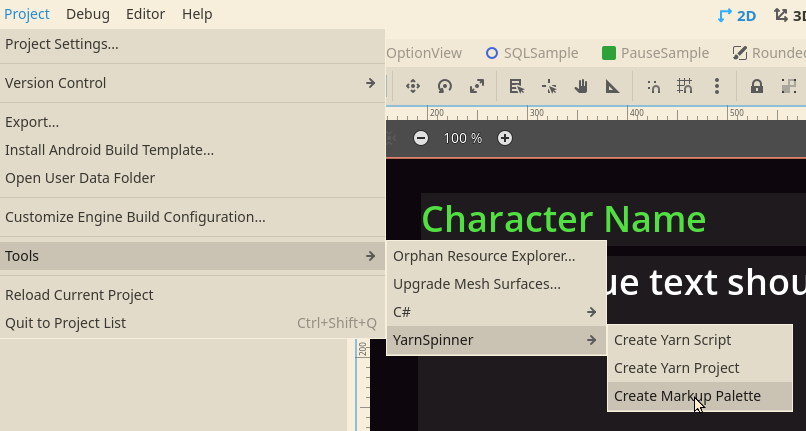 Selecting the menu item to create a new Markup Palette resource.