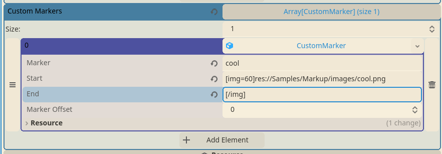 Viewing Custom Markers in the inspector for a Markup Palette resource.