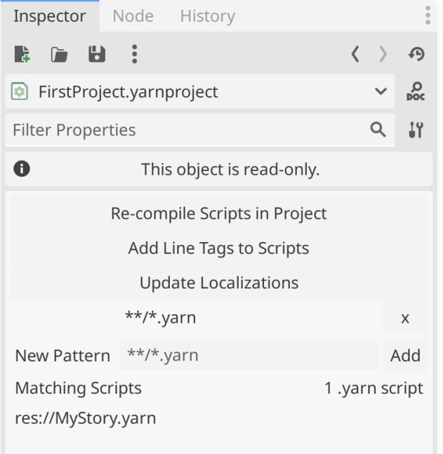 The Yarn Project inspector. The configurable properties of the Yarn Project are visible at the top, and the information about the imported project is visible at the bottom.
