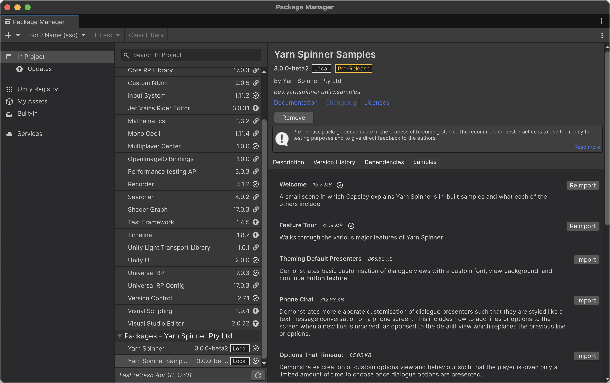 Perusing the samples within the package manager