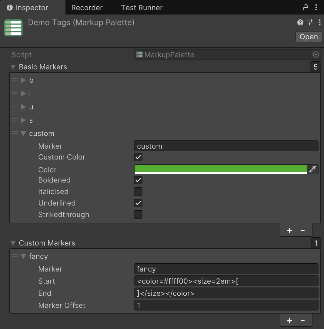 The inspector for the palette in this sample