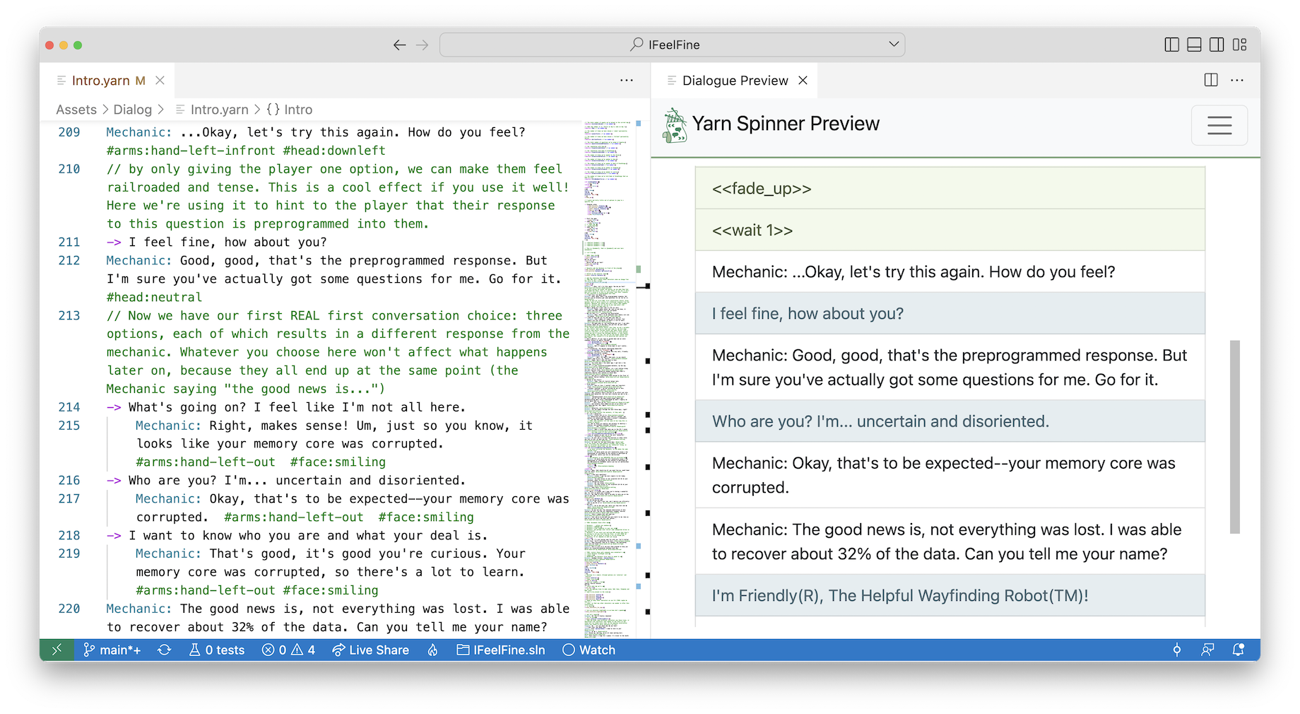 Previewing dialogue in Visual Studio Code. On the left hand side, Yarn script is being edited, and on the right hand side, the same script is being played through.