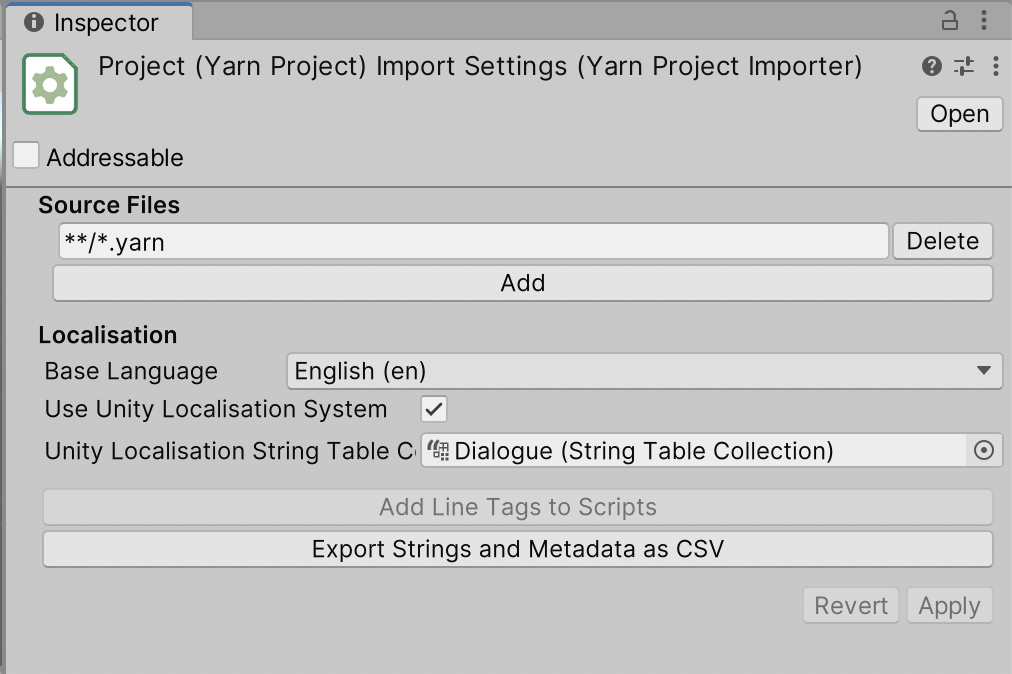 A correctly configured Yarn project for using the Unity Localization package.