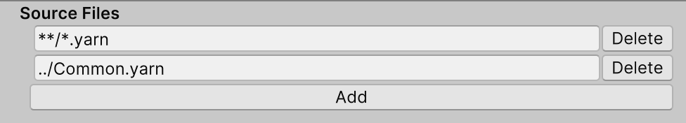 An example of a custom Source Files setting. In this example, the Yarn Project will use all .yarn files in the same folder and its sub-folders, as well as the file Common.yarn in the folder above it.