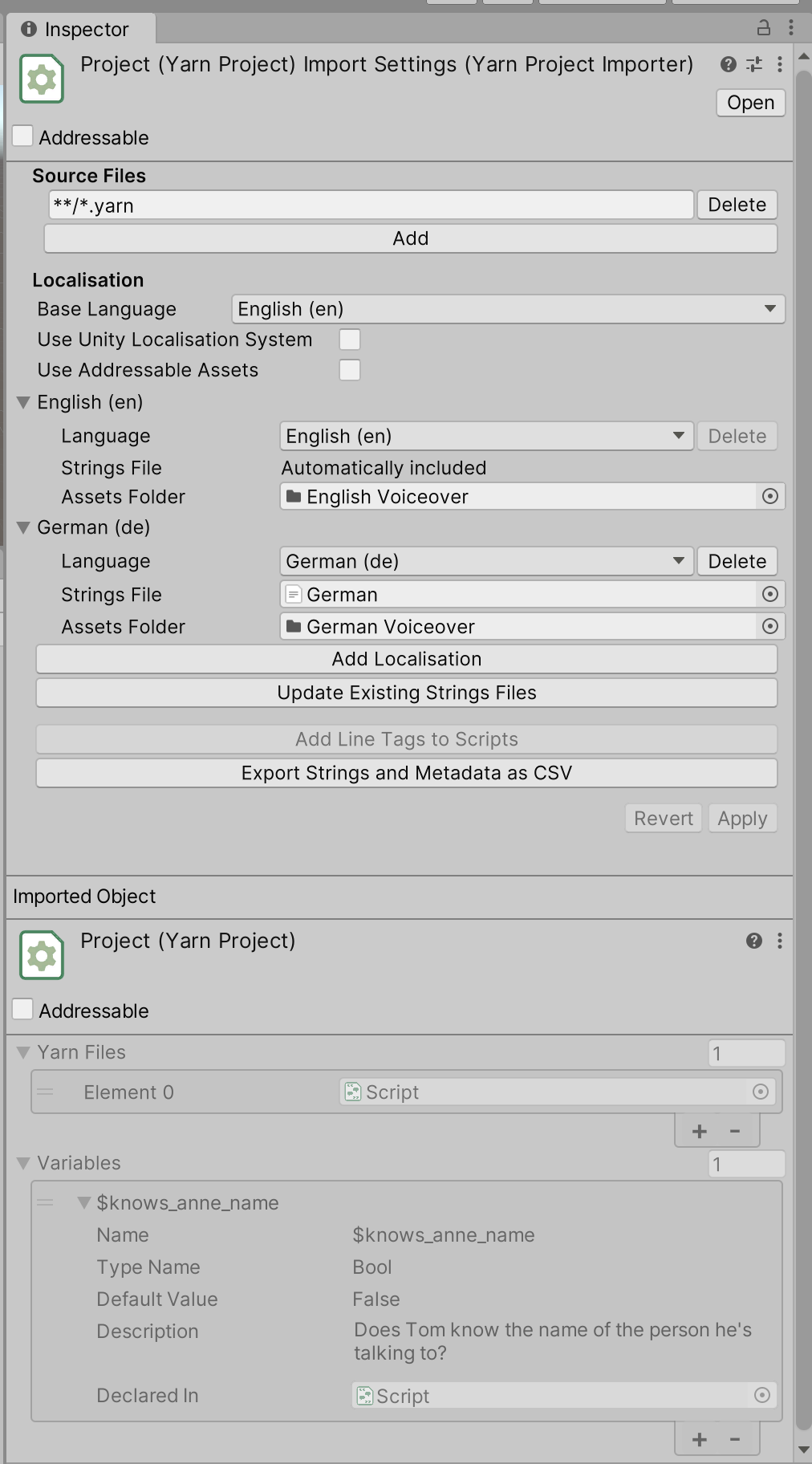 The Yarn Project inspector. The configurable properties of the Yarn Project are visible at the top, and the information about the imported project is visible at the bottom.