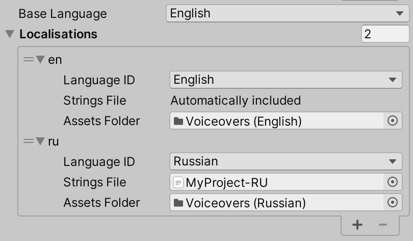 The localisation settings for a project. The base language is English, and two localisations have been set up: one for English, and one for Russian.