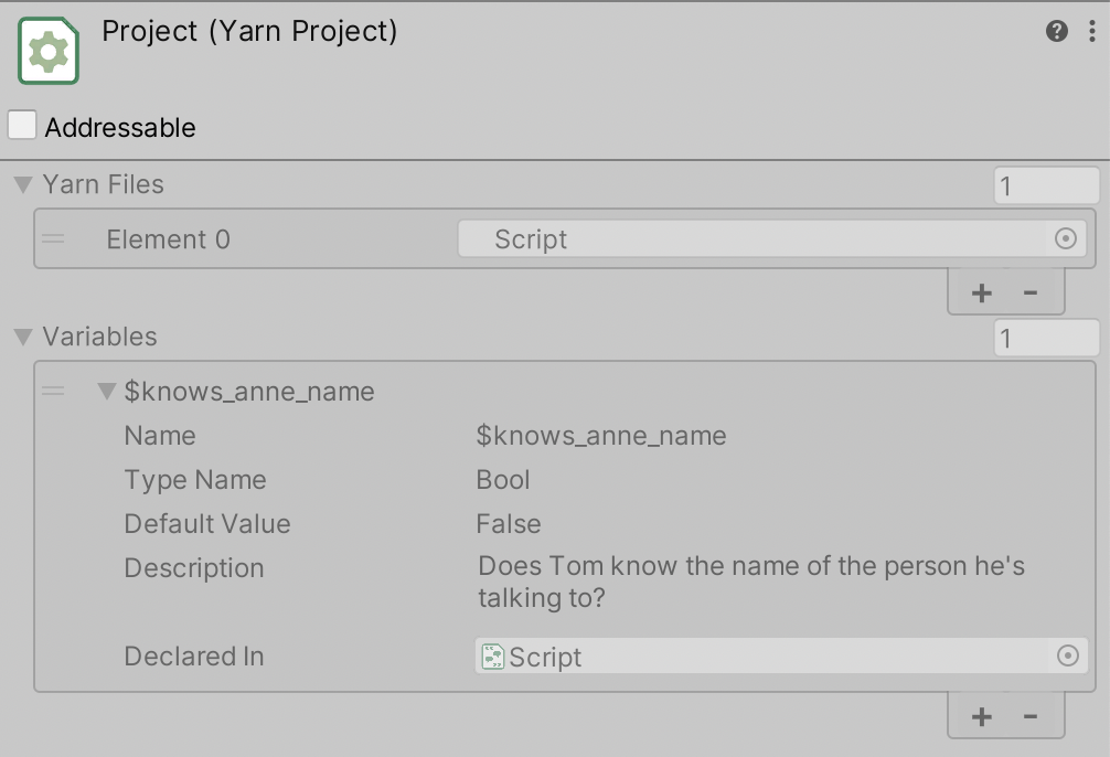 The list of variables in a Yarn Project.