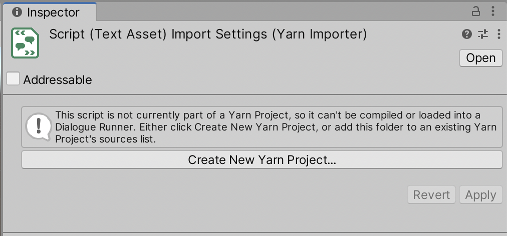 The &lsquo;Create New Yarn Project&rsquo; button in the Inspector.