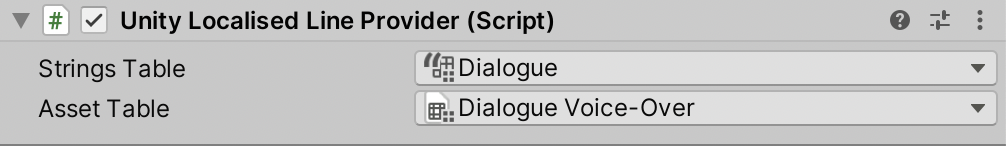 A Unity Localised Line Provider, configured with a String Table for line text, and an Asset Table for voice-over.