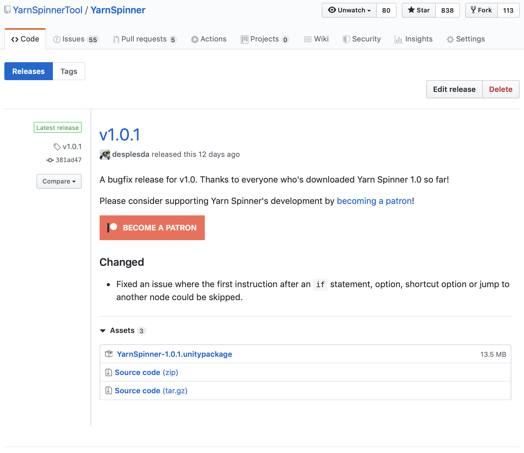 The release page on GitHub.
