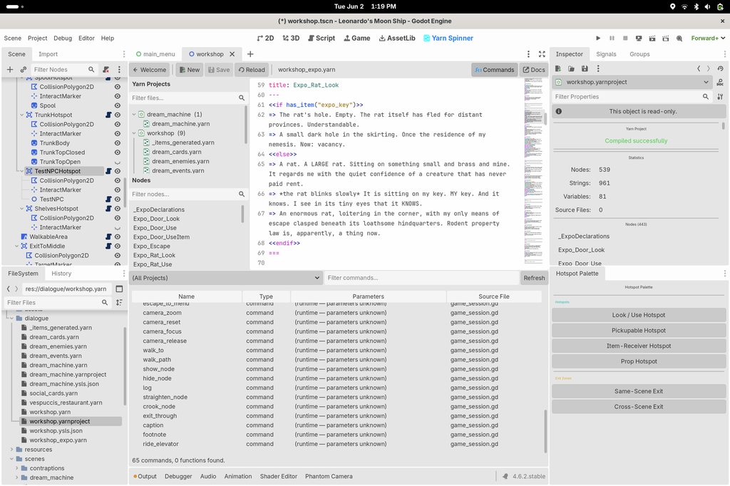 The Yarn Spinner Main Screen open in the Godot editor, showing the Yarn projects and nodes list, the script view, a table of registered commands, and the hotspot palette.