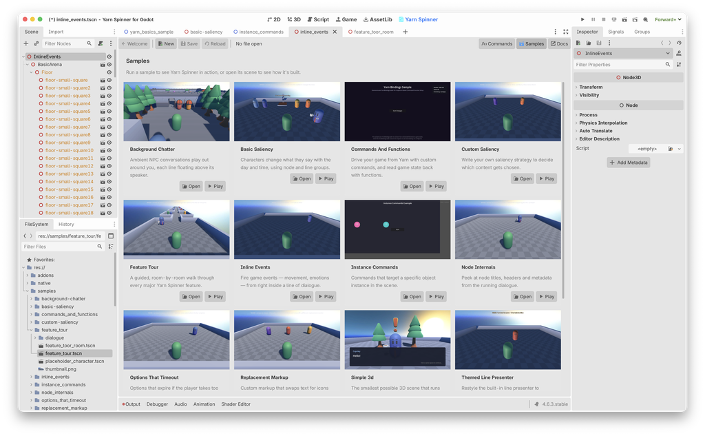 The Yarn Spinner samples browser inside the Godot editor, showing a grid of samples including Background Chatter, Basic Saliency, Commands And Functions, Custom Saliency, Feature Tour, Inline Events, and more, each with Open and Play buttons.