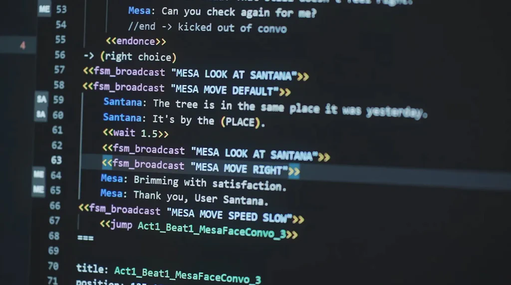 A frame from the Prove You're Human trailer showing a Yarn Spinner script in an editor: dialogue between characters named Mesa and Santana, with commands like fsm_broadcast, wait, and jump.