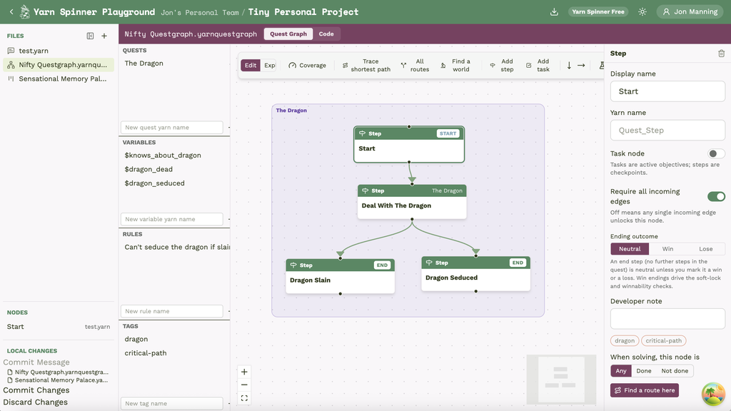 A work-in-progress quest graph editor showing a quest called The Dragon, with a start step, a step called Deal With The Dragon, and two possible endings, Dragon Slain and Dragon Seduced, alongside lists of quest variables, rules, and tags.