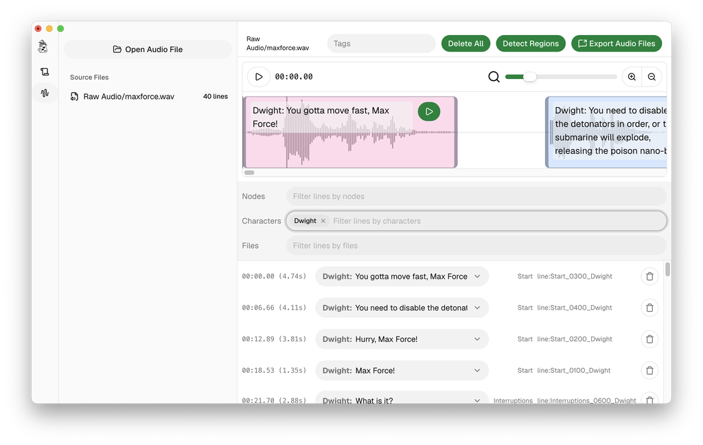 The voice-over tool's audio view, with one long recording split into regions on a waveform, each region matched to a written line of dialogue, and a list of lines with timestamps below.