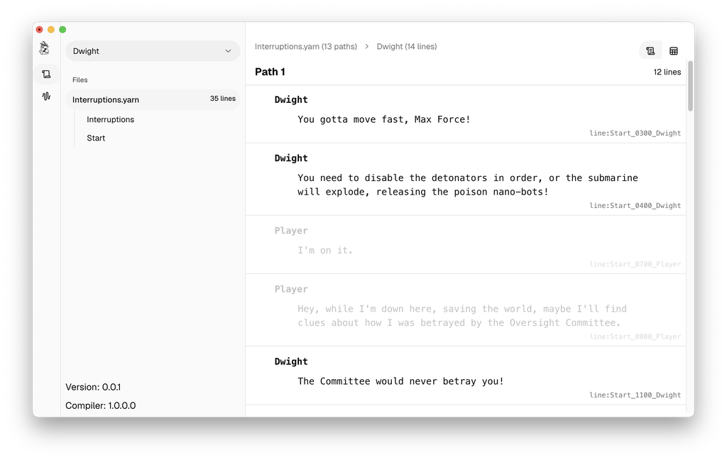 The voice-over tool showing every path through a Yarn file, filtered to the character Dwight, with other characters' lines greyed out.