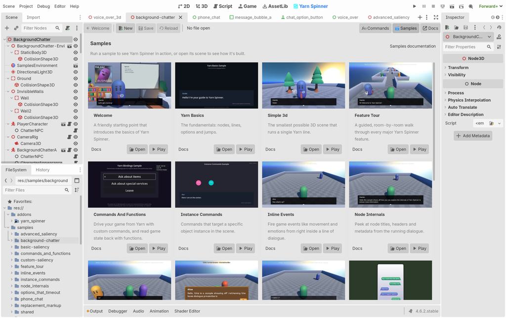 The Samples tab of the Yarn Spinner main screen in the Godot editor, showing a grid of sample cards with screenshots: Welcome, Yarn Basics, Simple 3d, Feature Tour, Commands And Functions, Instance Commands, Inline Events, and Node Internals, each with a description and Docs, Open and Play buttons.