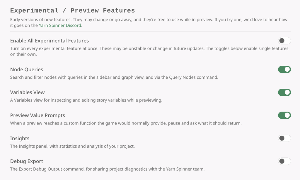 The Experimental / Preview Features settings screen in the Yarn Spinner VS Code extension, with a toggle for Enable All Experimental Features and individual toggles for Node Queries, Variables View, Preview Value Prompts, Insights and Debug Export, each with a one-line description.