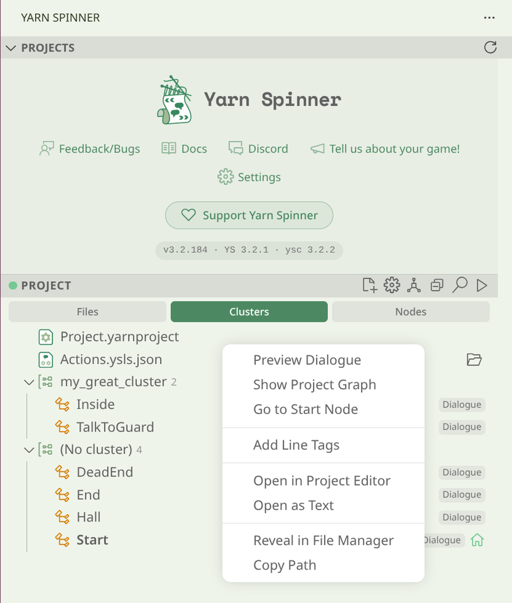The Yarn Spinner sidebar in VS Code, with a Projects panel at the top holding links to feedback, docs, Discord and settings, and a Project panel below it listing nodes grouped by cluster. A right-click menu is open over the list, offering Preview Dialogue, Show Project Graph, Go to Start Node, Add Line Tags, Open in Project Editor, Open as Text, Reveal in File Manager and Copy Path.