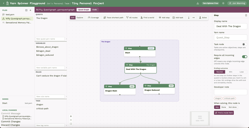 The Story Solver quest graph editor, showing a quest named The Dragon with a Start step leading to Deal With The Dragon, which branches to two end steps: Dragon Slain and Dragon Seduced. A sidebar lists quests, variables, rules and tags, and an inspector on the right shows the selected step's display name, ending outcome and solver settings.
