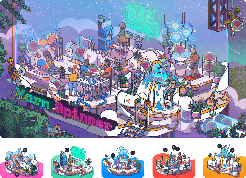 A hand-drawn artwork showing many people in a sci-fi-esque bubble-covered station in the forest are working on speech bubbles as if in a factory. Surrounding this building is Tasmanian wilderness, including a Tasmanian Devil, Tassie plants and the mountain kunanyi.