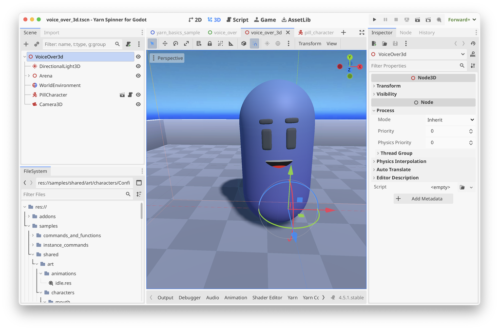 The Godot game engine editor is shown with a mostly empty scene but for a hierarchy of Yarn Spinner-related dialogue objects and the blue 3D capsule character known as Capsley.