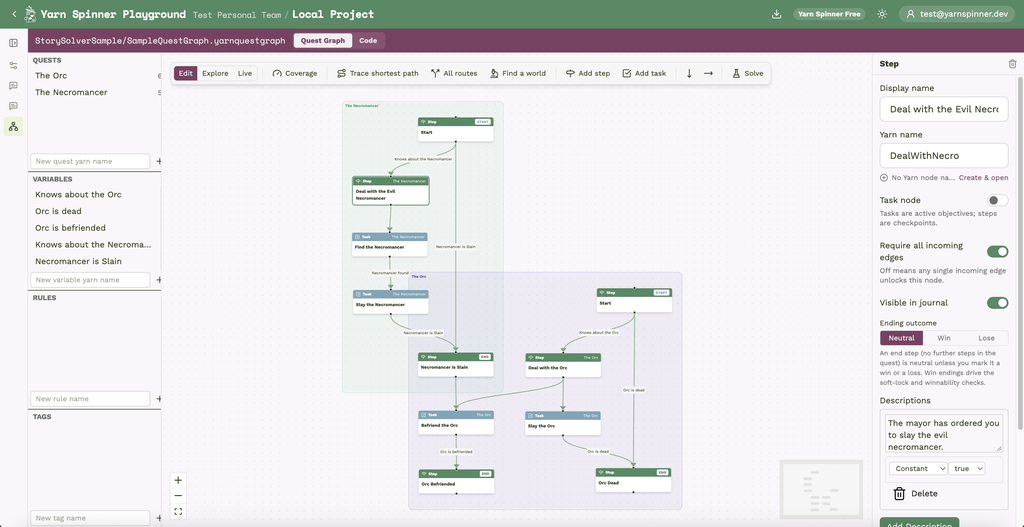 A screenshot of a Yarn Spinner-branded app shows a graph of nodes representing states in a story where the player is tasked by the Mayor to kill an evil necromancer.