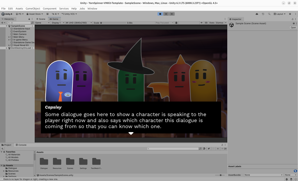 A screenshot of Unity engine shows a visual novel playing in which capsule character portraits are conversing.