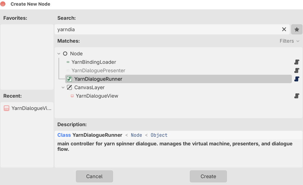 Godot's Create New Node dialog with yarndia typed in the search box, YarnDialogueRunner selected under Node, and its class description below