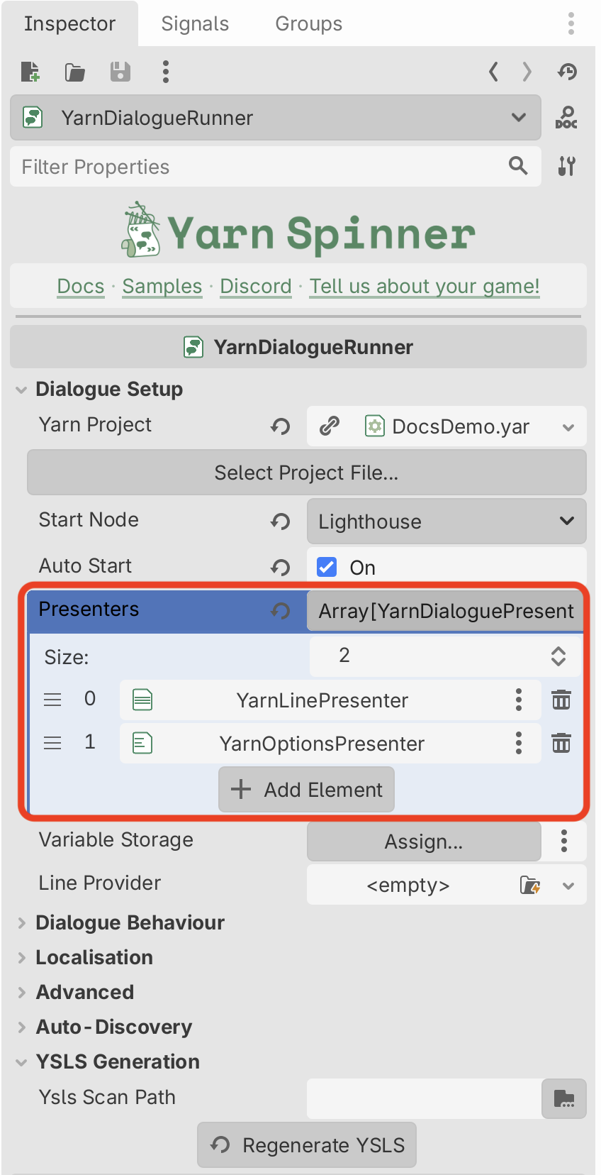 The Inspector for a YarnDialogueRunner with the Presenters list highlighted and expanded: size 2, element 0 YarnLinePresenter and element 1 YarnOptionsPresenter, with an Add Element button