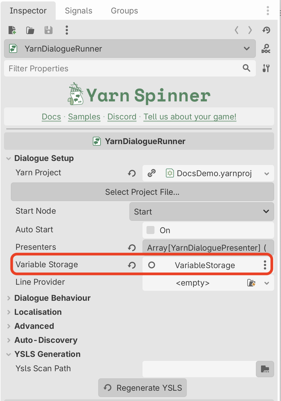 The Inspector for a YarnDialogueRunner, with the Variable Storage setting under Dialogue Setup highlighted, set to a node called VariableStorage