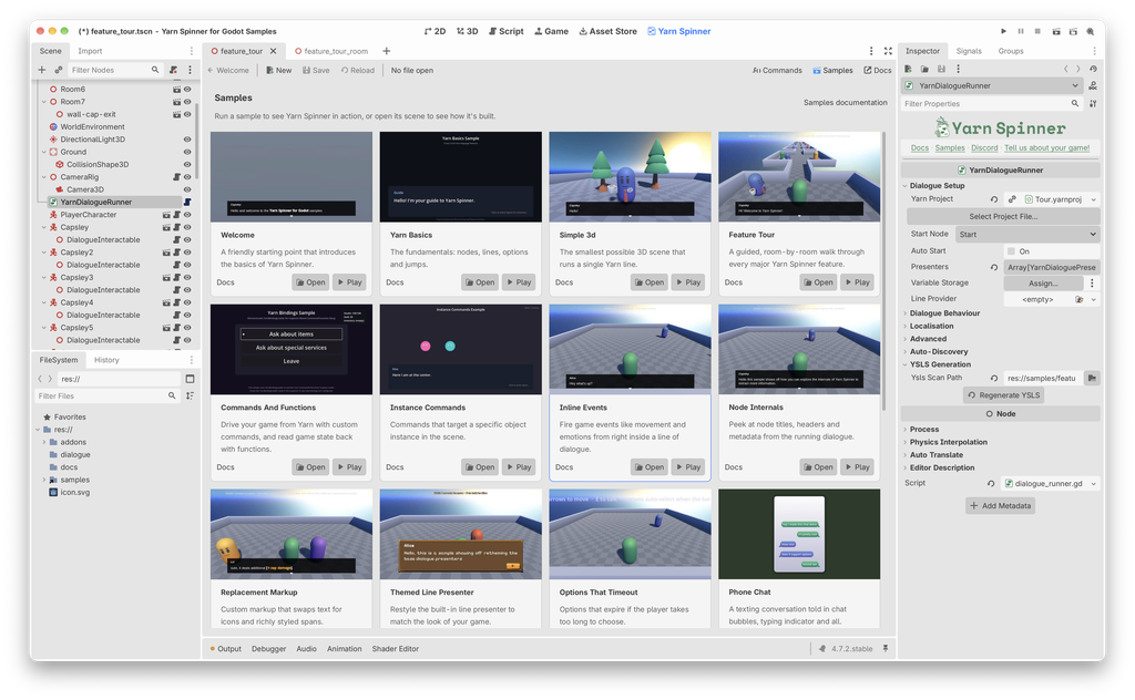 The Godot editor with the Yarn Spinner tab open on the samples browser, and a YarnDialogueRunner selected in the Inspector