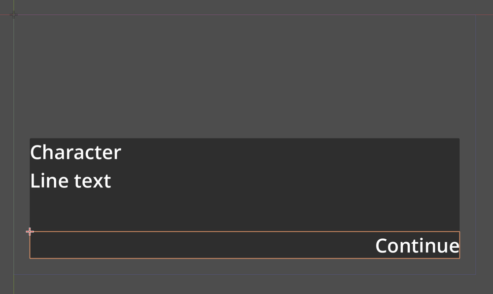 The Line Presenter's panel in Godot's 2D view, with ContinueIndicator selected: the strip along the bottom of the panel, with Continue on the right