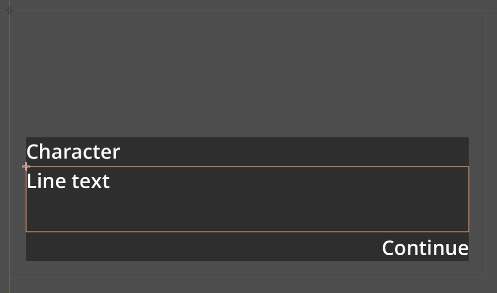 The Line Presenter's panel in Godot's 2D view, with TextLabel selected: the area under the character name that holds the line's text