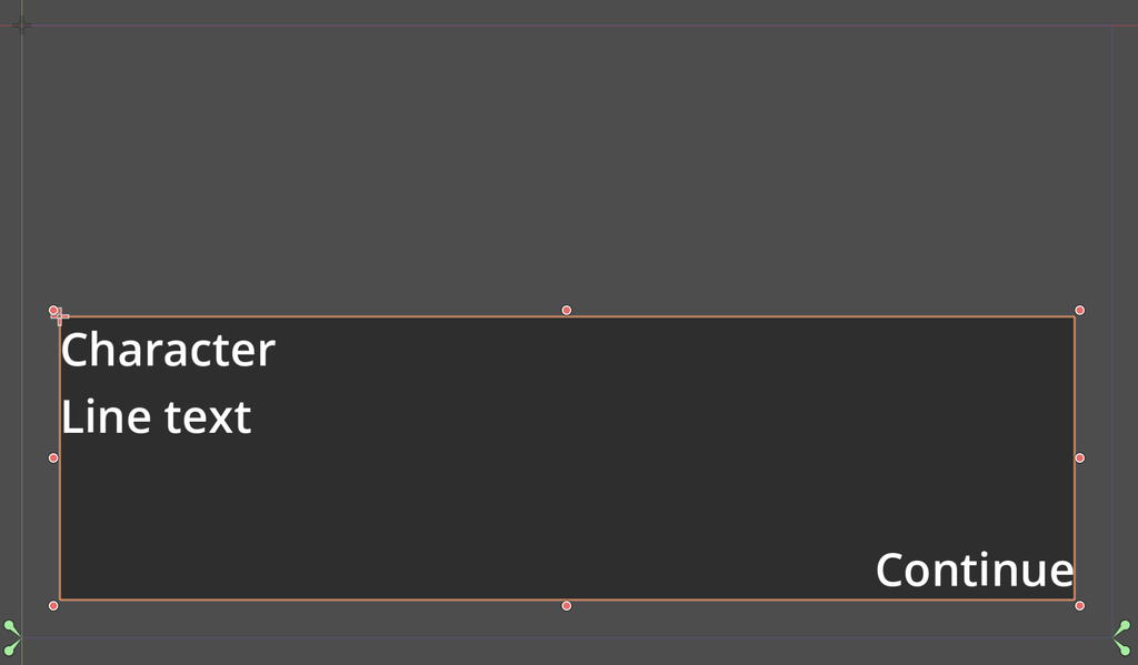 Godot's 2D view with OptionsContainer selected: its outline covers the same area along the bottom of the screen as the Line Presenter's panel, which shows Character, Line text and Continue