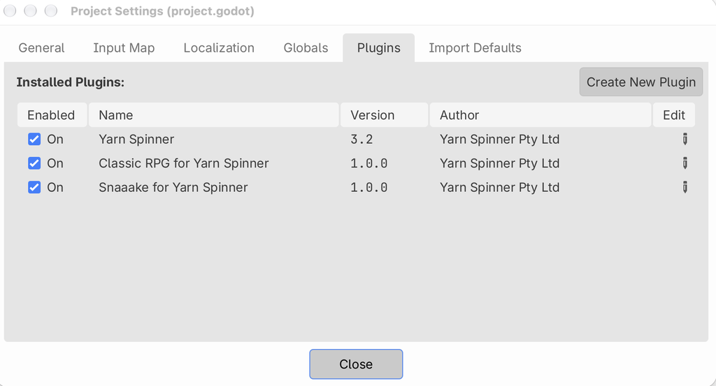 Godot's Project Settings window on the Plugins tab, with three plugins turned on: Yarn Spinner 3.2, Classic RPG for Yarn Spinner 1.0.0, and Snaaake for Yarn Spinner 1.0.0