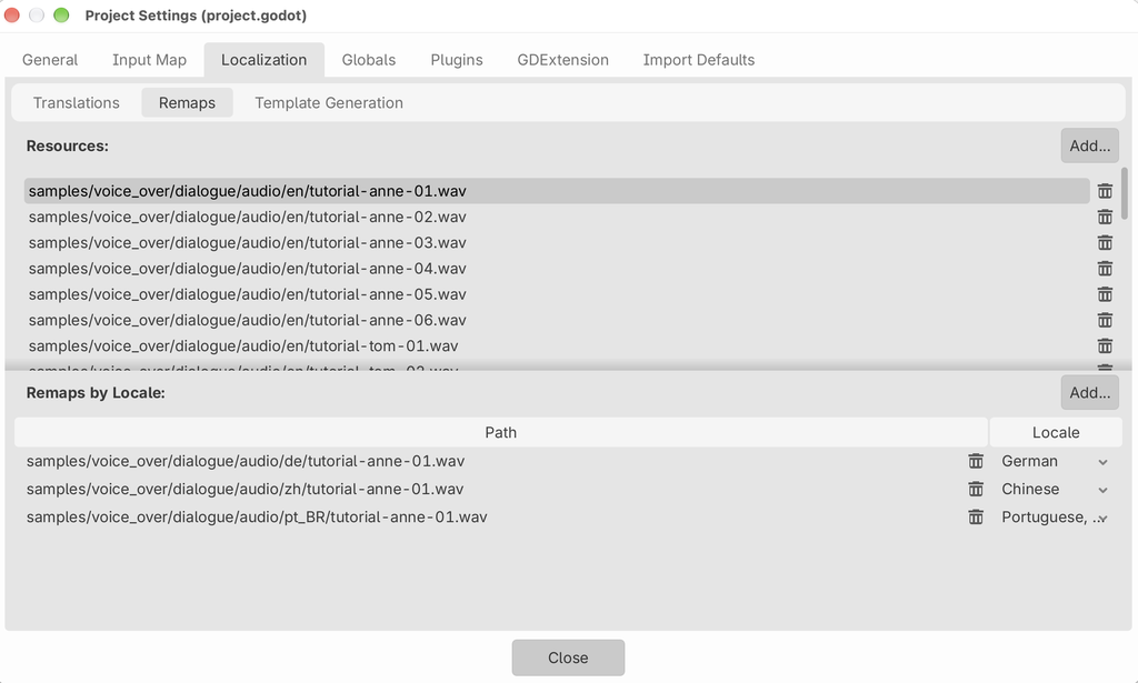 Godot's Project Settings window on the Localization tab's Remaps page. Resources lists the Voice Over sample's English clips, with tutorial-anne-01.wav selected. Remaps by Locale lists the German, Chinese and Brazilian Portuguese versions of that clip, each with its locale.