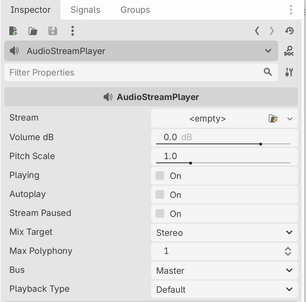 The Inspector for an AudioStreamPlayer, with Stream empty, Volume dB 0, Pitch Scale 1, Playing, Autoplay and Stream Paused off, Mix Target Stereo, Max Polyphony 1, Bus Master and Playback Type Default