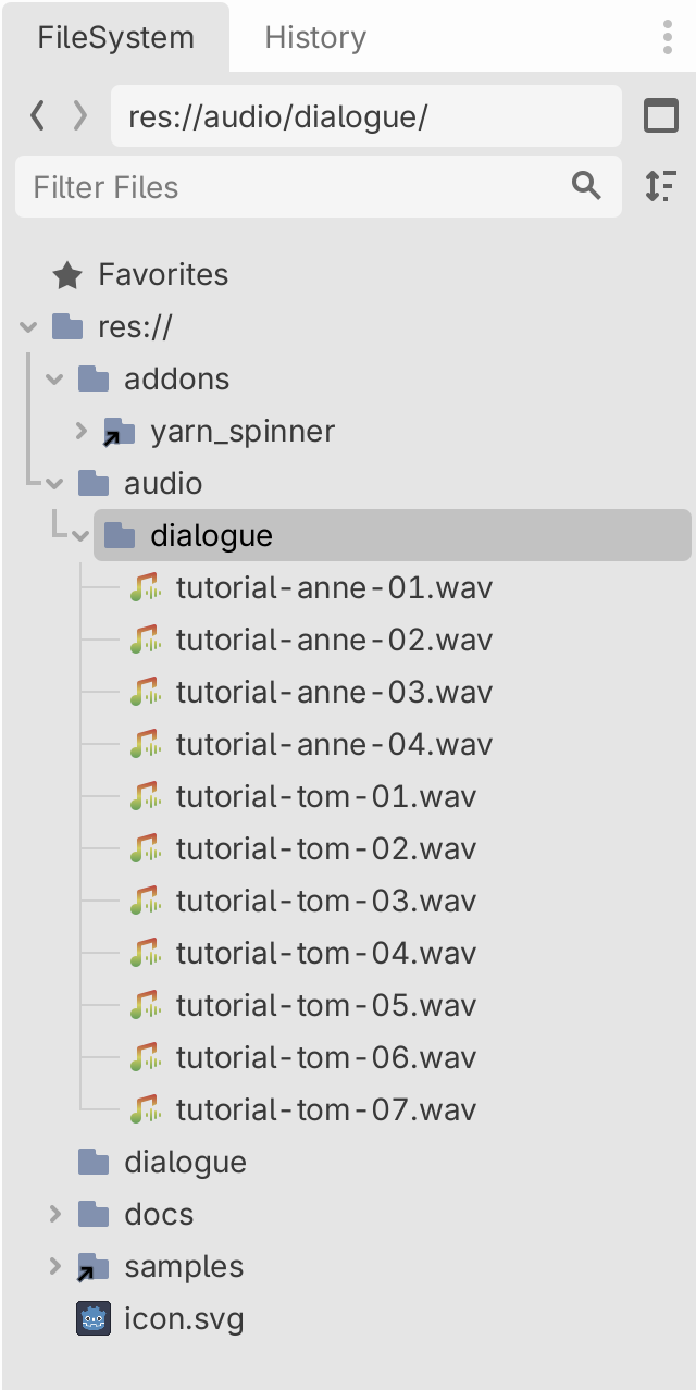 Godot's FileSystem dock open at res://audio/dialogue/, showing tutorial-anne-01.wav to tutorial-anne-04.wav and tutorial-tom-01.wav to tutorial-tom-07.wav