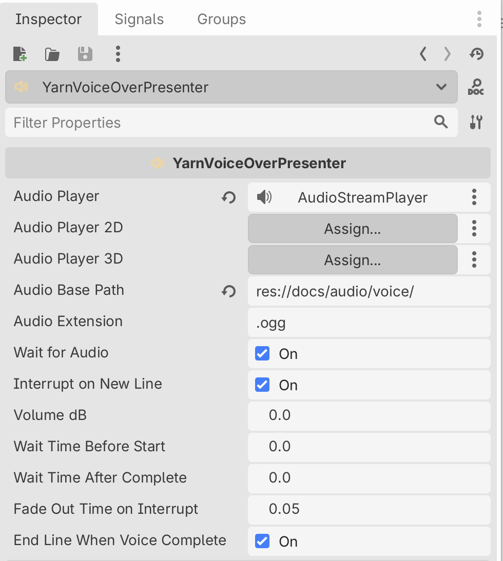 The Inspector for a YarnVoiceOverPresenter, with Audio Player set to AudioStreamPlayer, Audio Player 2D and 3D unassigned, Audio Base Path res://docs/audio/voice/, Audio Extension .ogg, Wait for Audio and Interrupt on New Line on, Volume dB 0, Wait Time Before Start and After Complete 0, Fade Out Time on Interrupt 0.05, and End Line When Voice Complete on