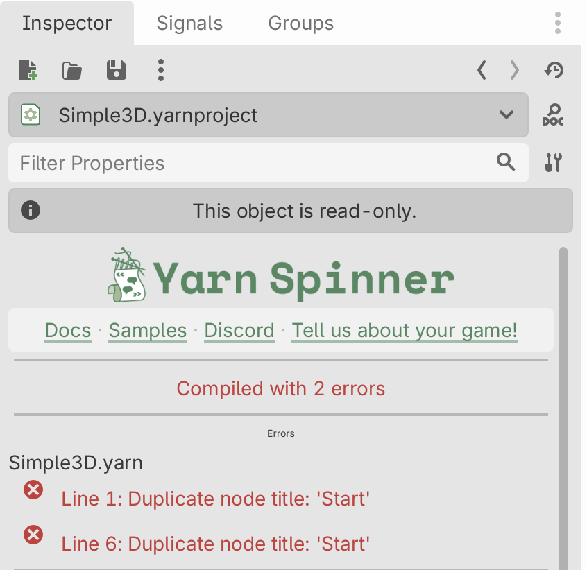 A Yarn Project's Inspector showing Compiled with 2 errors, and under Errors, Simple3D.yarn with Line 1 and Line 6 each reporting Duplicate node title: 'Start'