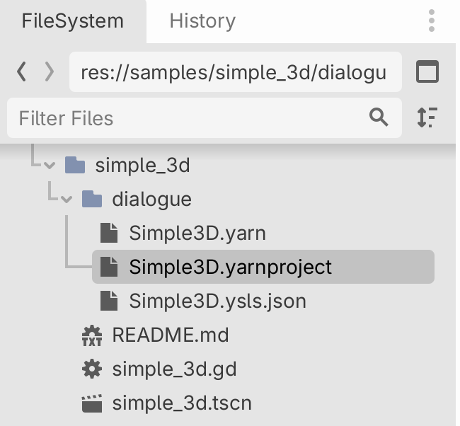 Godot's FileSystem dock showing a dialogue folder containing Simple3D.yarn, Simple3D.yarnproject and Simple3D.ysls.json