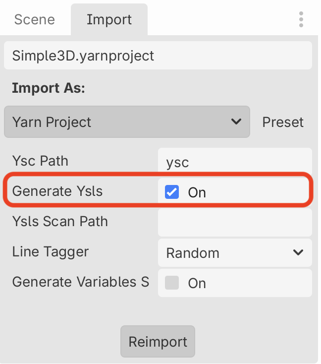 Godot's Import dock for Simple3D.yarnproject with the Generate Ysls option highlighted and turned on