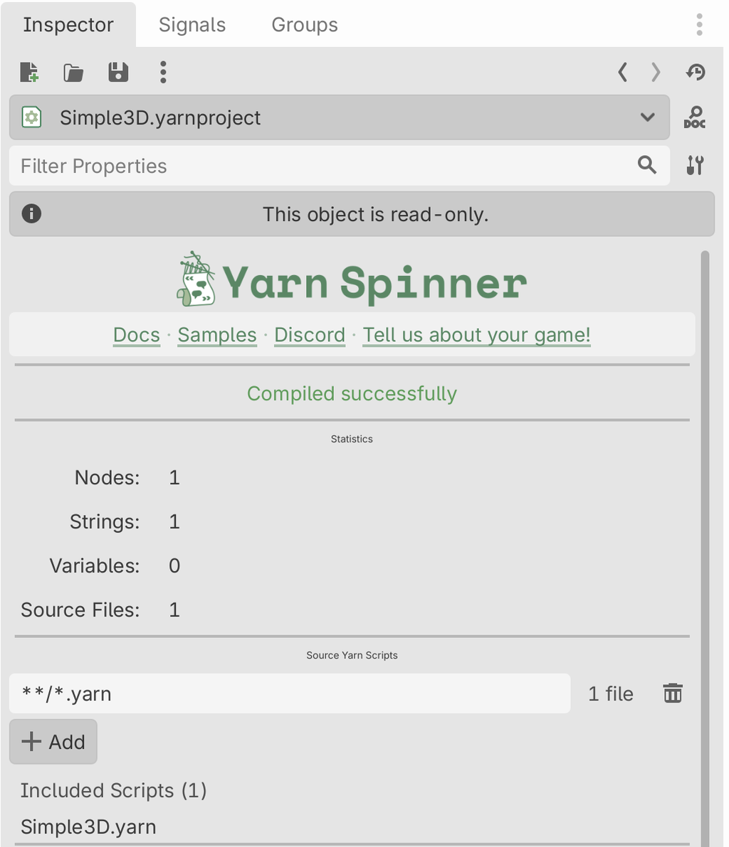 The Inspector for Simple3D.yarnproject, showing Compiled successfully, Statistics, and Source Yarn Scripts with one pattern matching one file