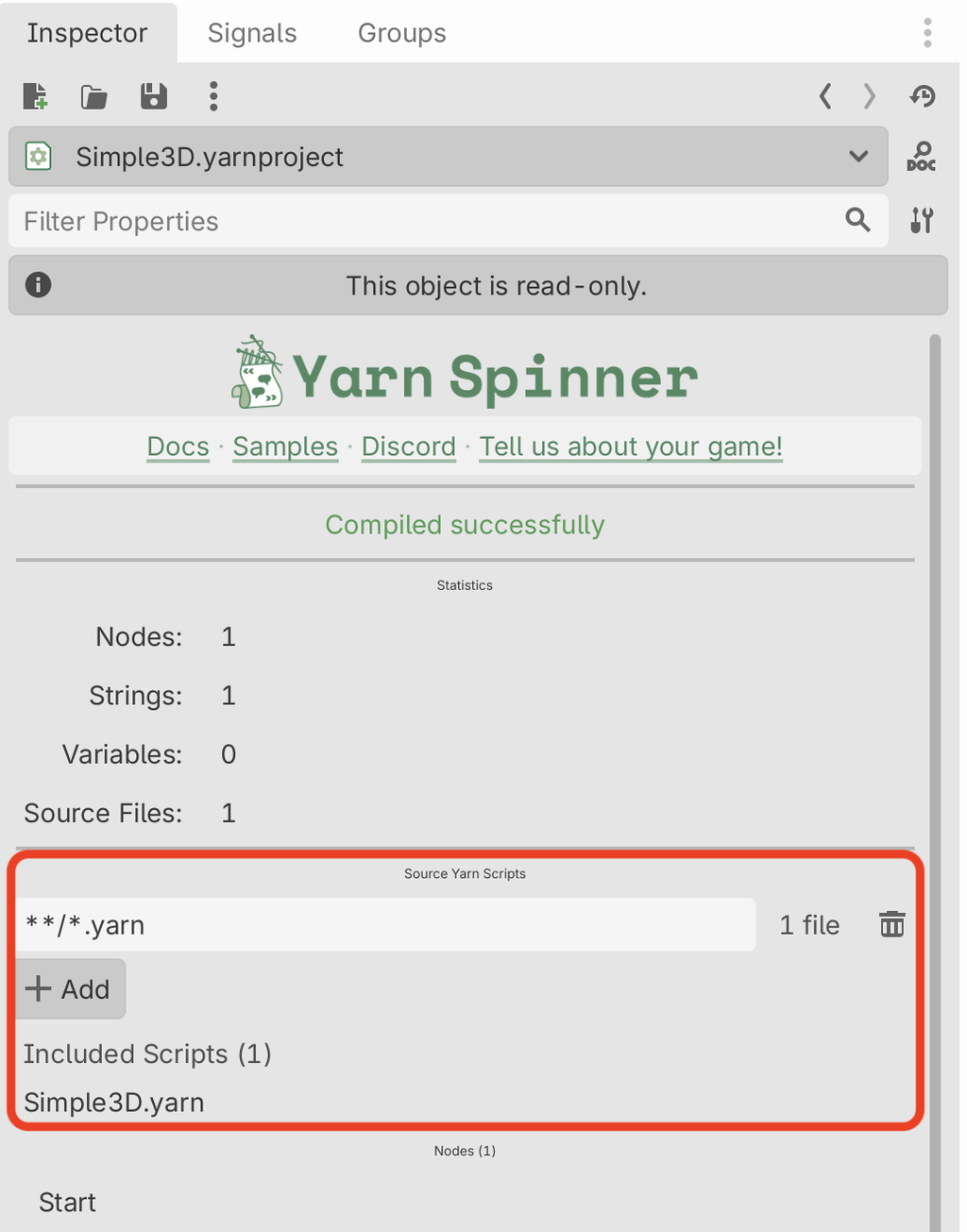 A Yarn Project's Inspector with the Source Yarn Scripts section highlighted: the pattern **/*.yarn matching 1 file, an Add button, and Included Scripts listing Simple3D.yarn