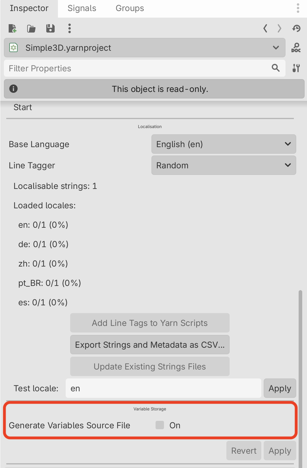 The lower half of a Yarn Project's Inspector, showing the Localisation section and, highlighted, the Variable Storage section with Generate Variables Source File turned off